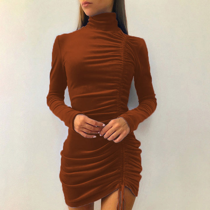 Brown Side Ruched High Neck Mini Dress