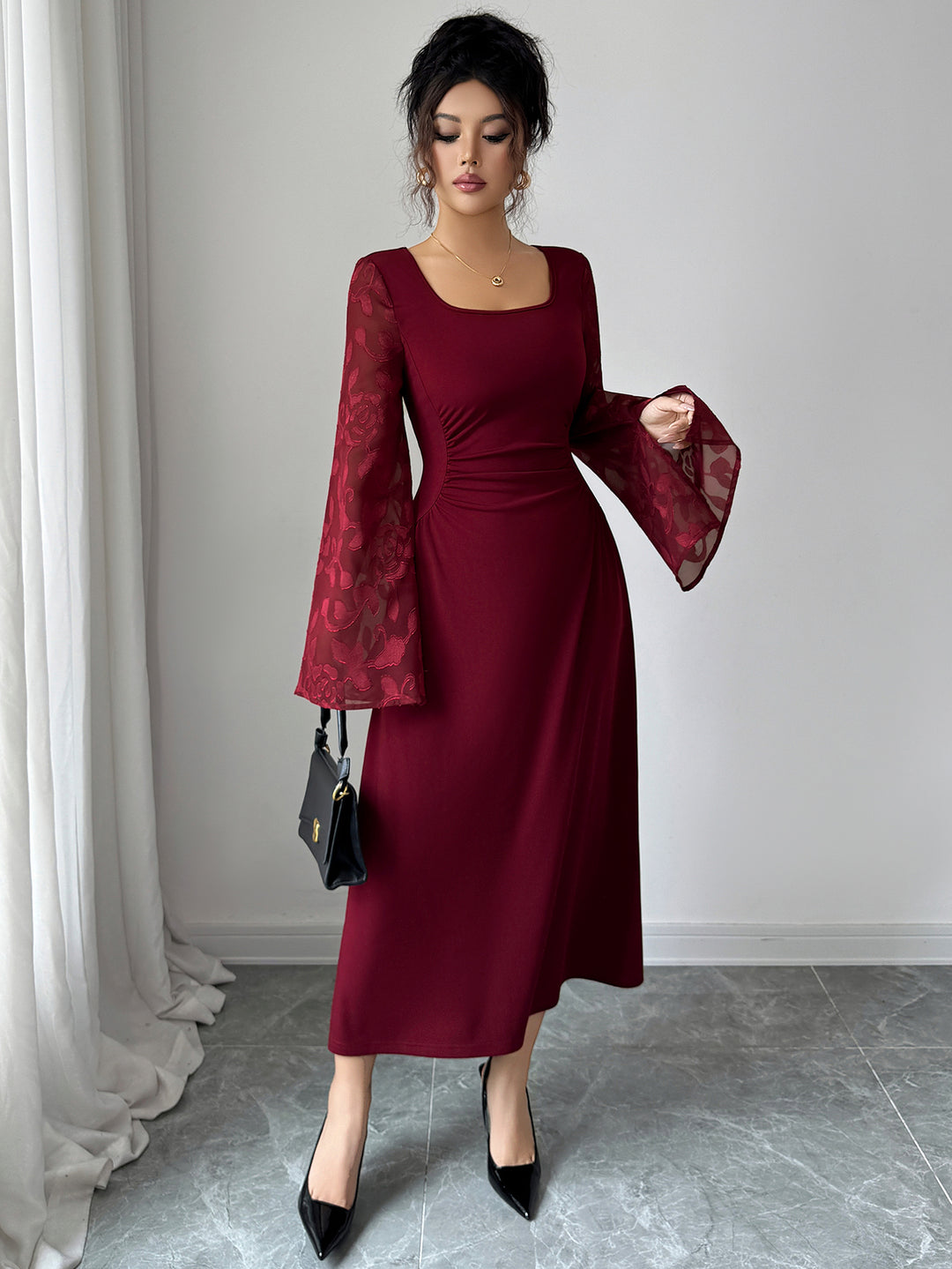 Maroon Bell Sleeve Scoop Neck Lace Detail Dress