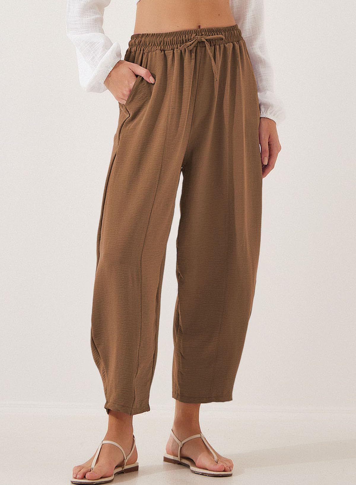 Brown Elasticated Waist Band Wide Leg Trouser