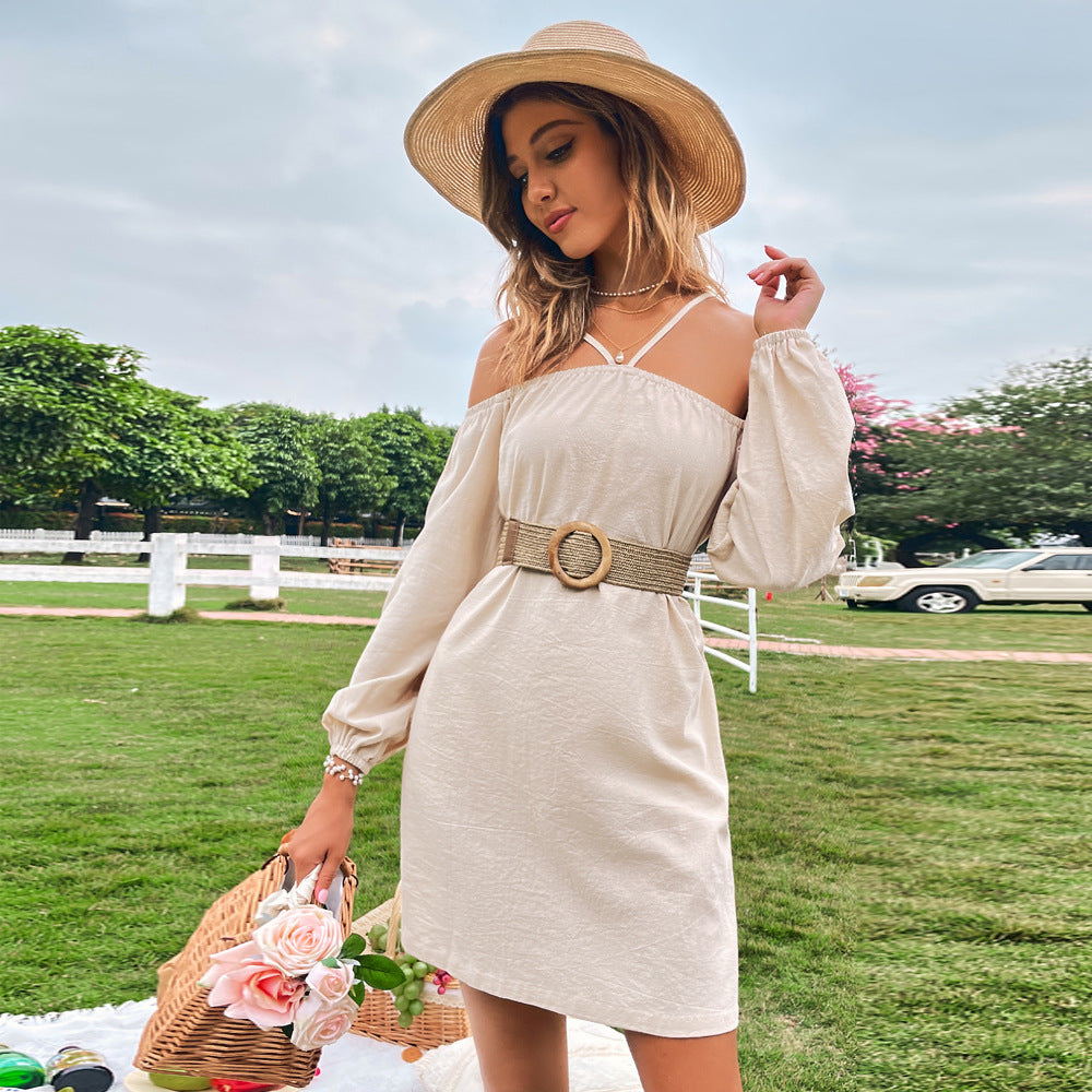 Khaki  Cold Shoulder Bishop Sleeve Dress