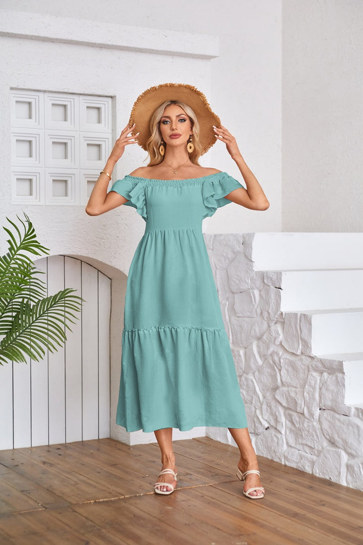 Aqua Solid Flutter Sleeved Empire Waist Smocked Dress