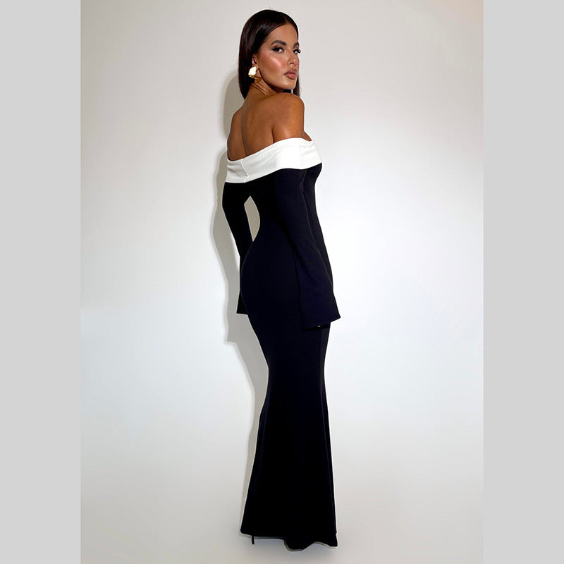 Black Contrast Off Shoulder Full Sleeves Maxi Dress