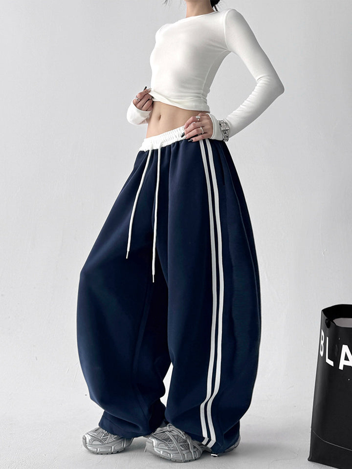Navy Blue High Waist Contrast Band Baggy Pant