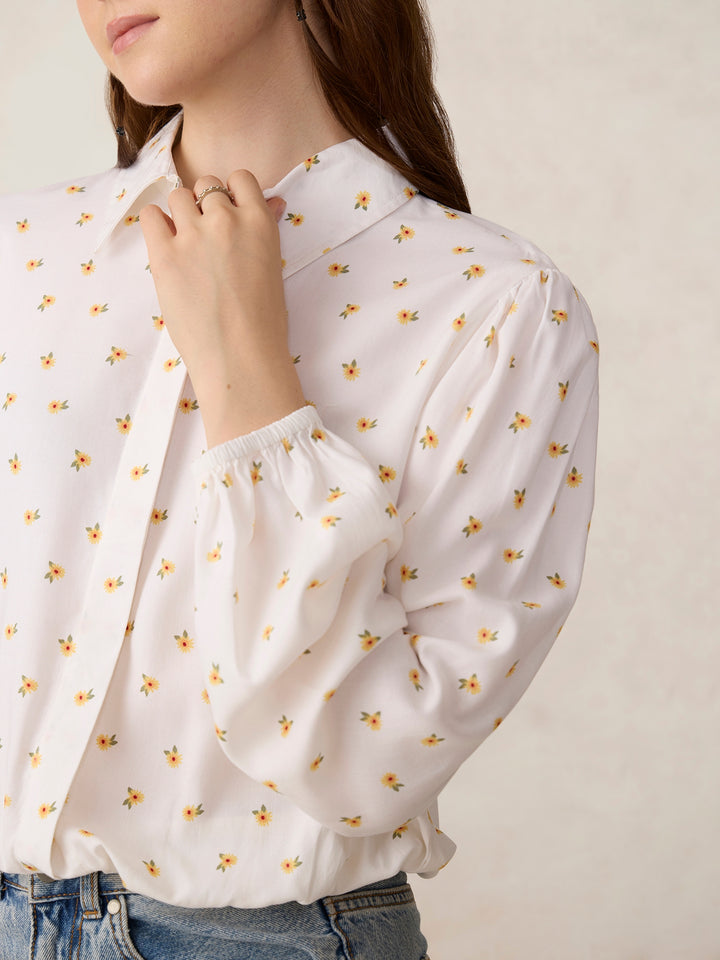 White Balloon Sleeve Printed Cropped Shirt