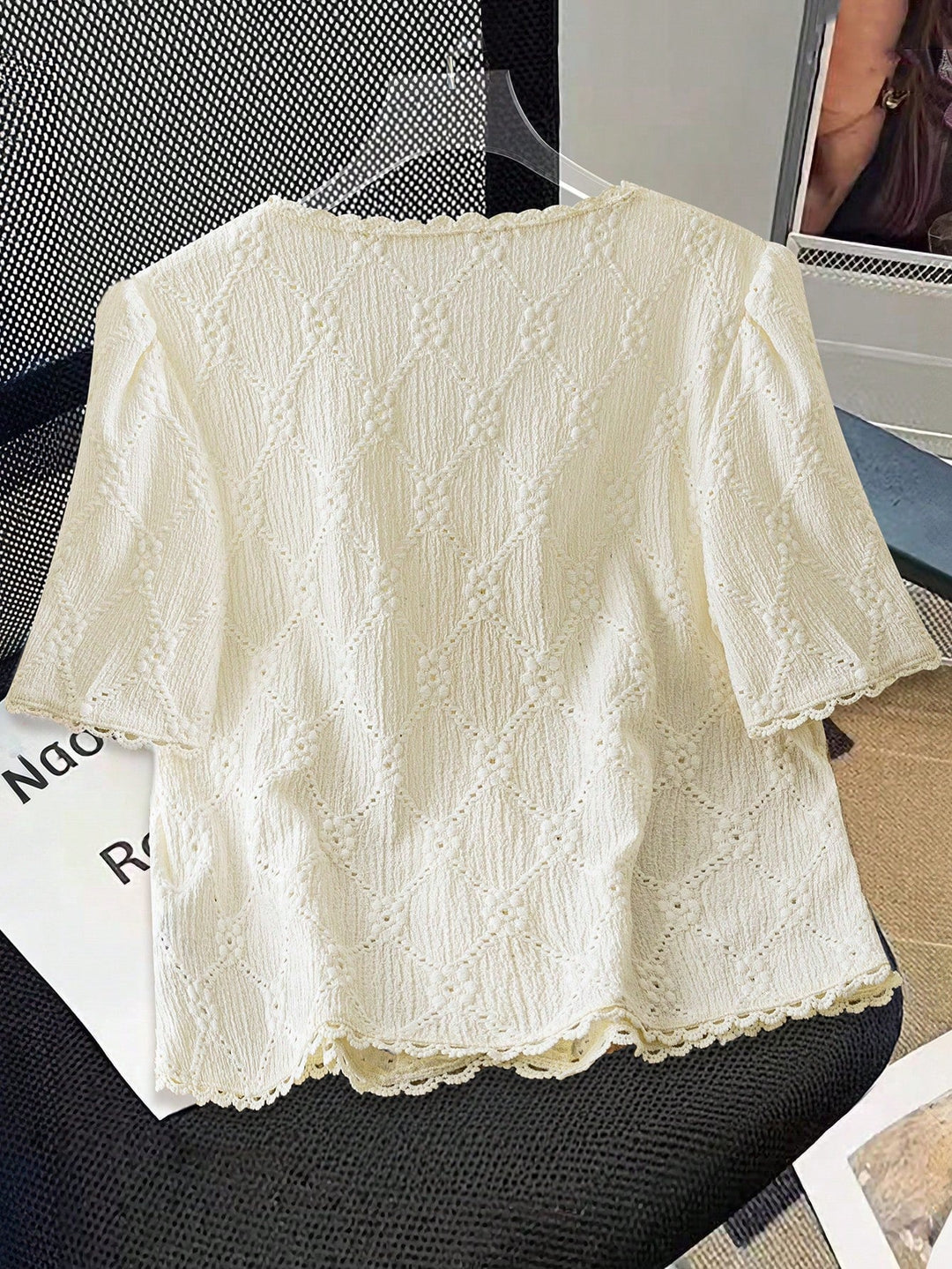 White Short Sleeve V Neck Textured Top