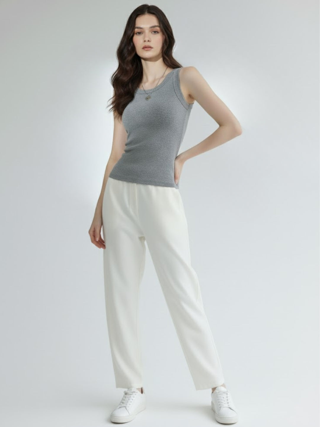 Grey Solid Ribbed Tank Top