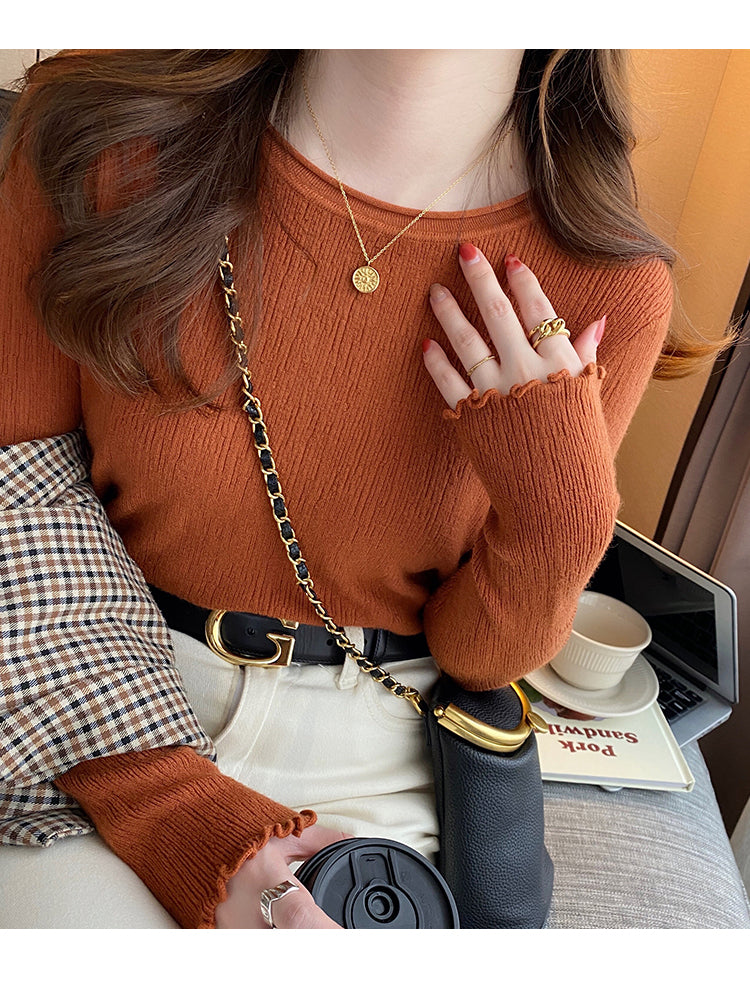 Orange Full Sleeve Scallop Hem Mock Neck Fitted Top