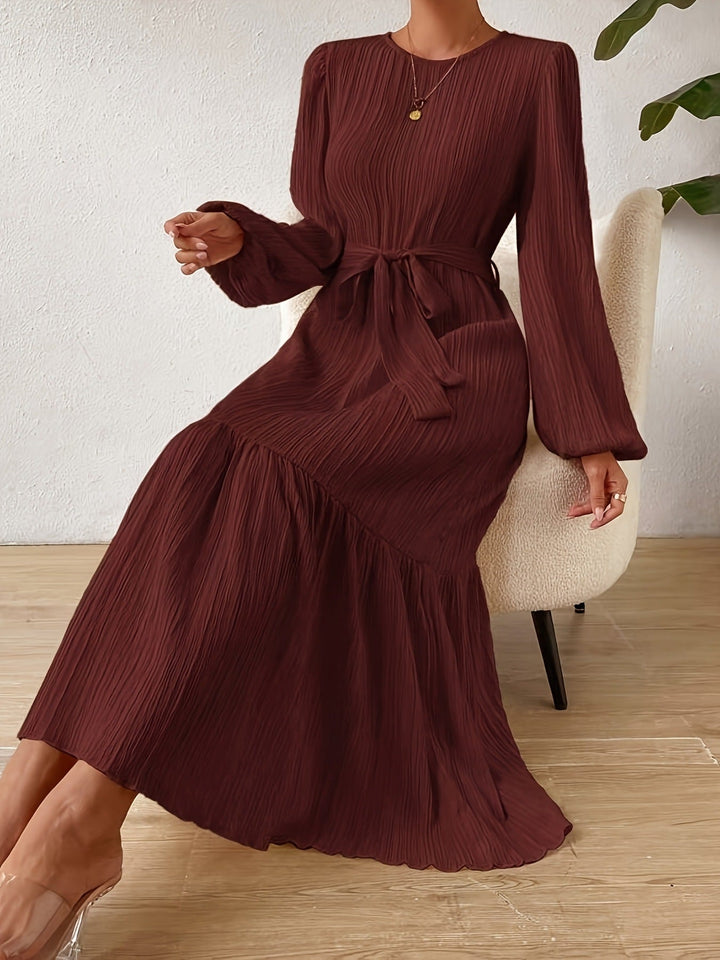 Brown Full Sleeve Round Neck Ruffle Hem Dress