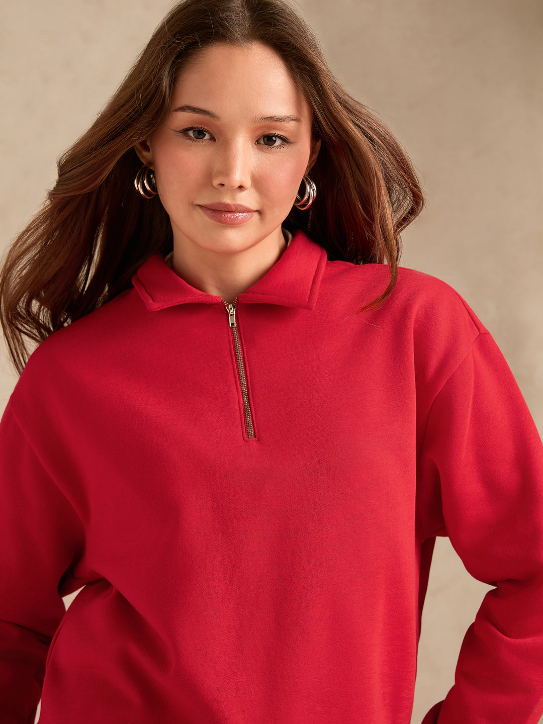 Red Solid Oversized Zipper Sweatshirt