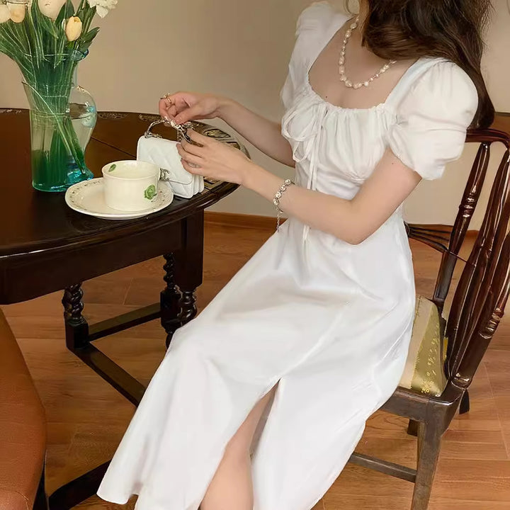 White Square Neck Midi Dress With Puff Sleeve