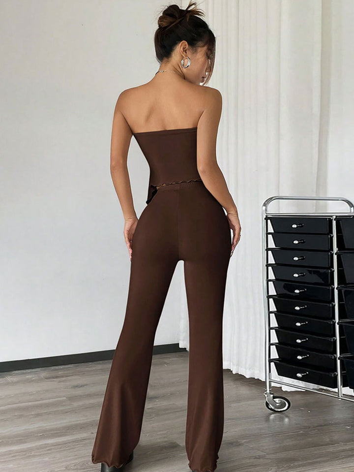 Brown Strapless Side Ruched Asymmetrical Hem Co-Ords Set