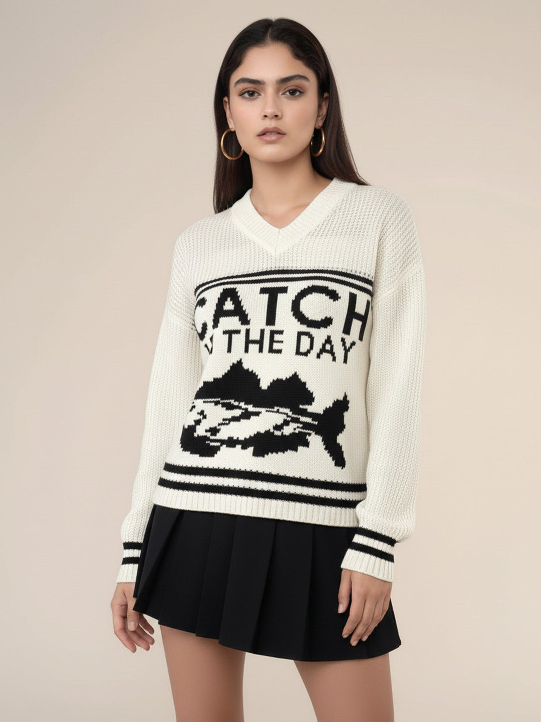 Off White V Neck Graphic Sweater