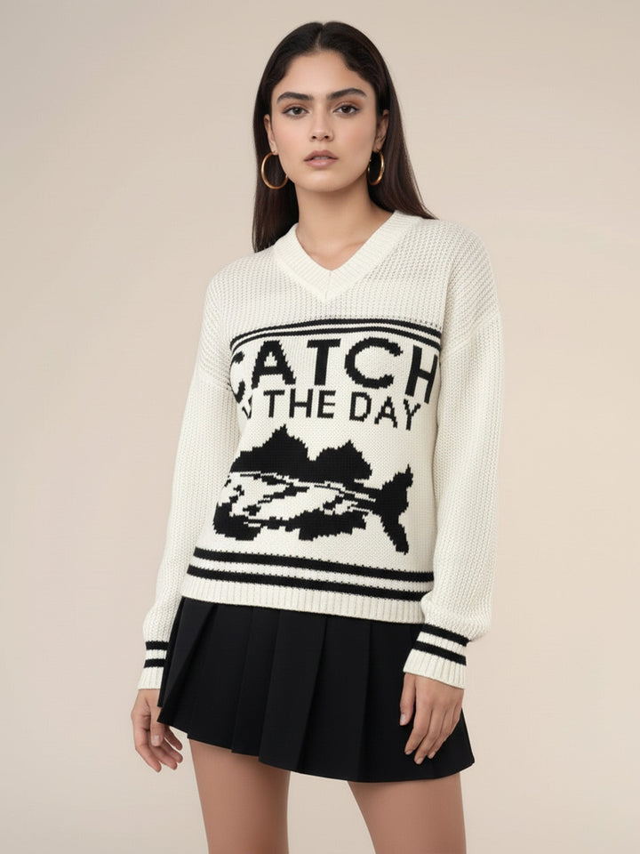 Off White V Neck Graphic Sweater