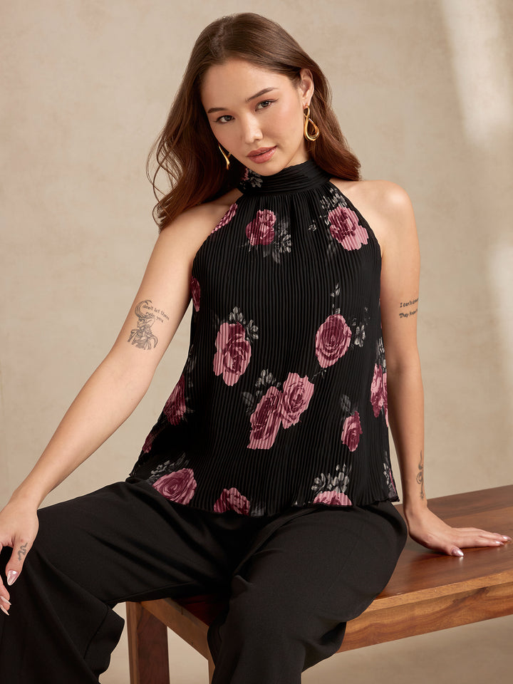 Black Halter Neck Plisse Flared Printed Top