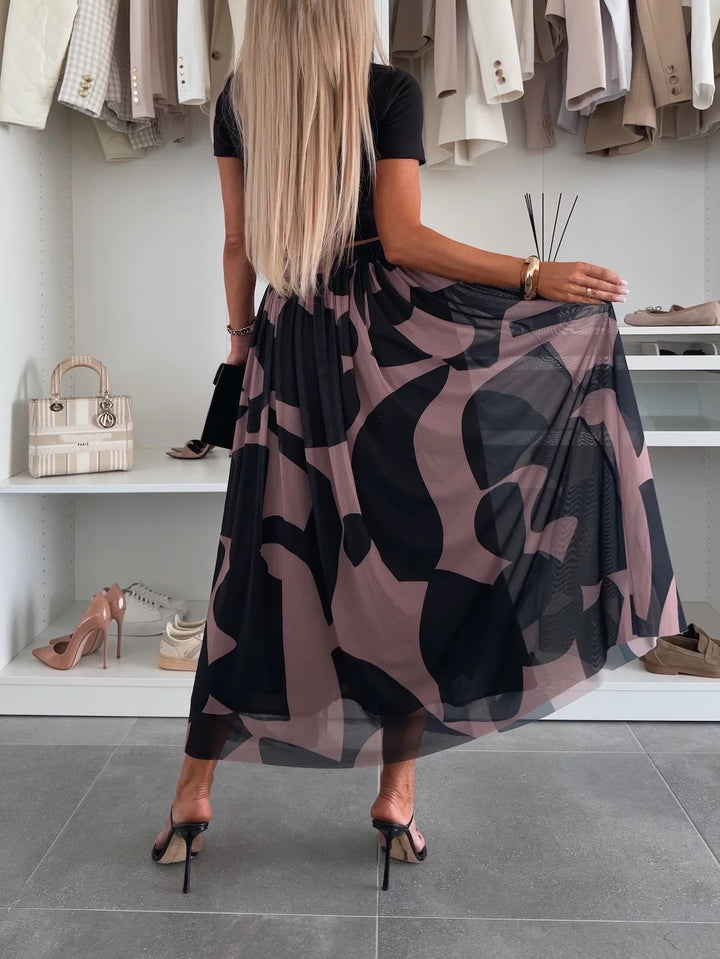 Black Printed Pleated Flowy Skirt