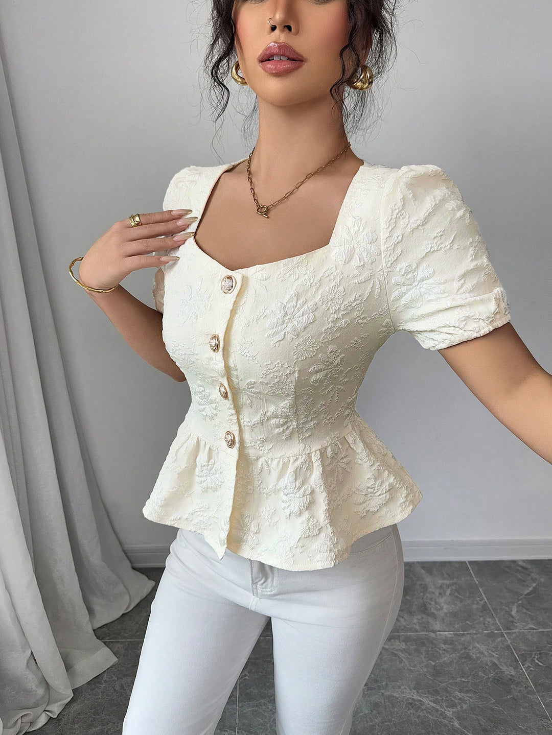 White Puff Sleeve Front Buttoned Top
