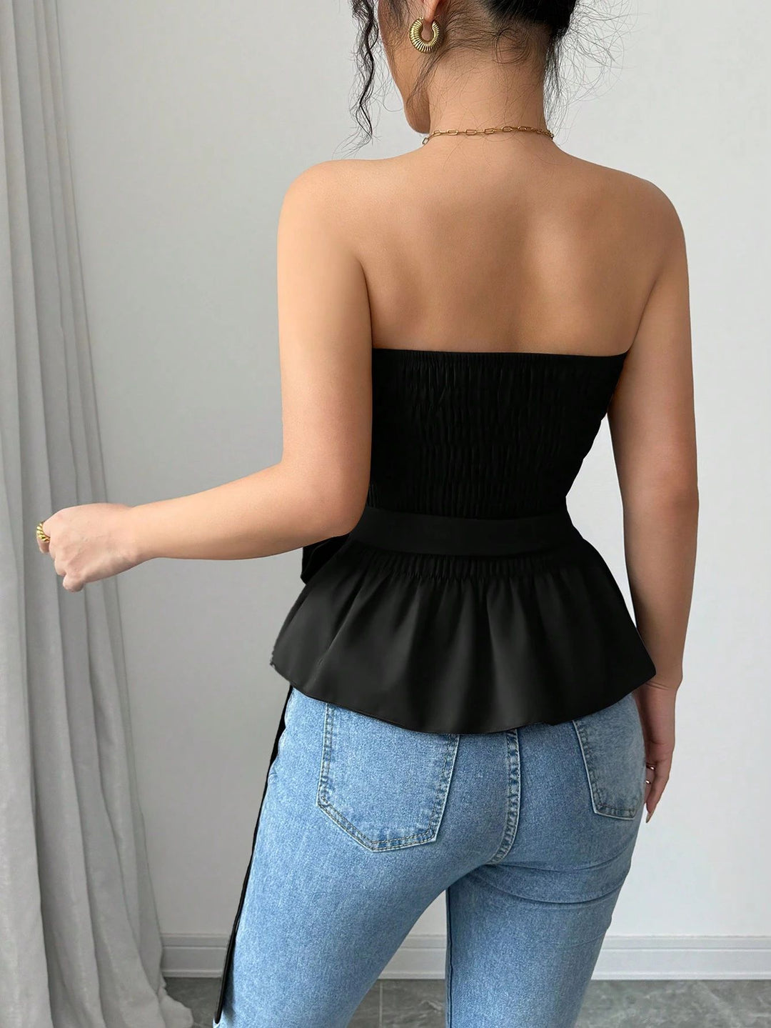 Black Strapless Smocked Top