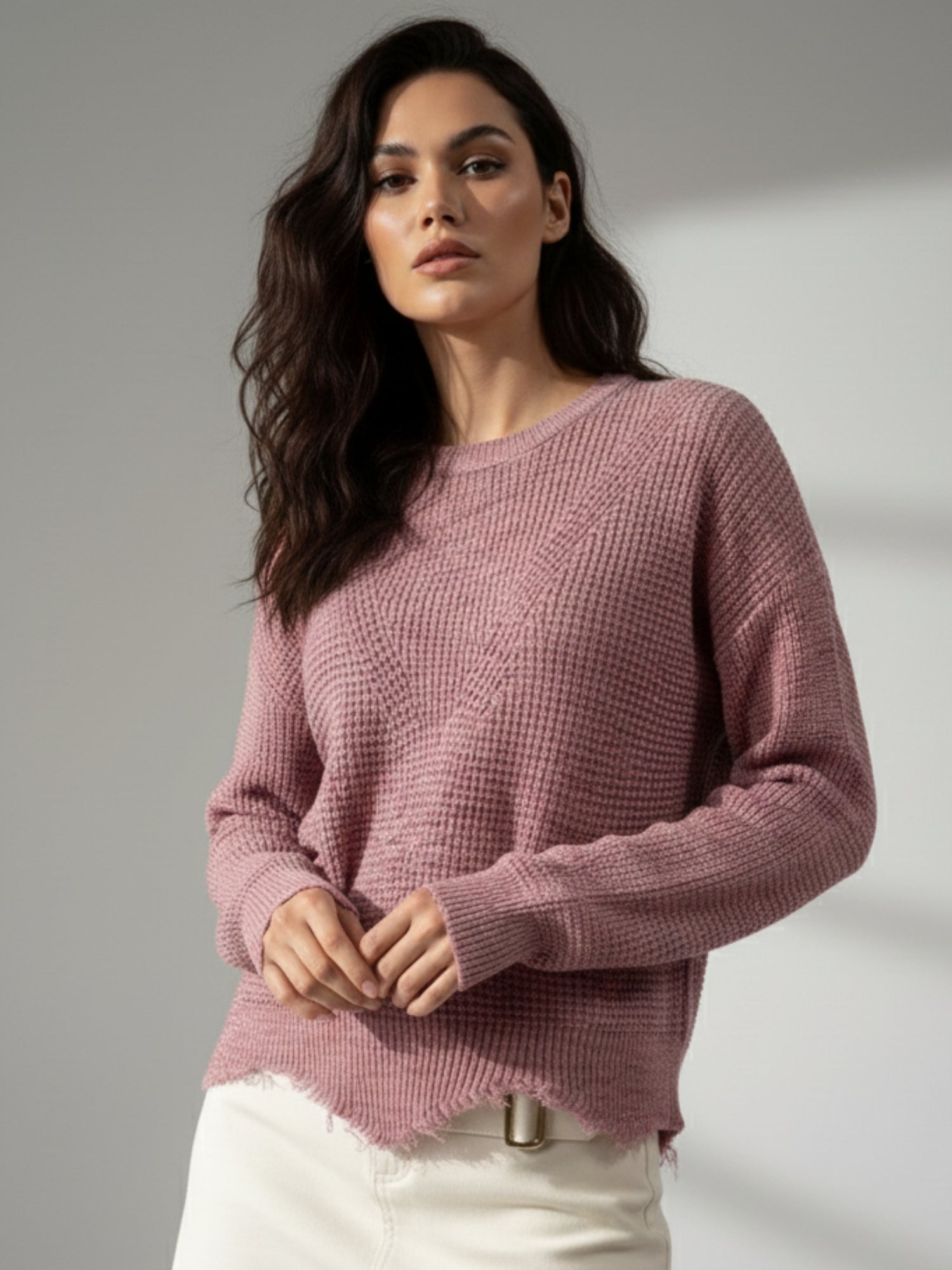 Pink Full Sleeve Crew Neck Fringe Hem Sweater