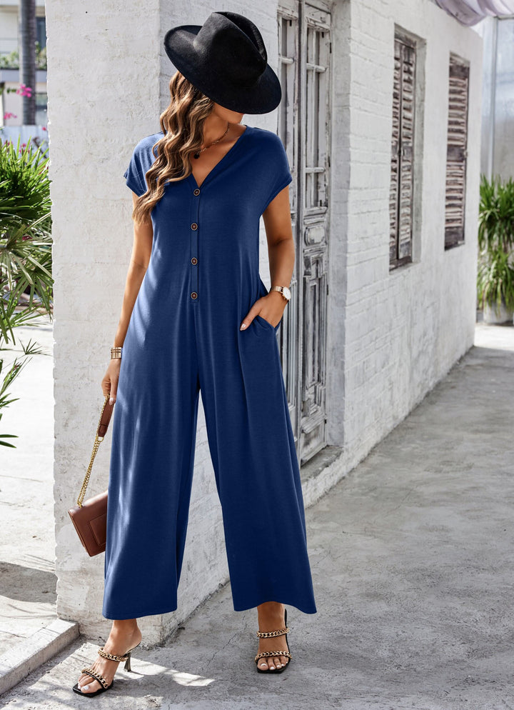 Navy Blue Plunge Neck Flowy Jumpsuit