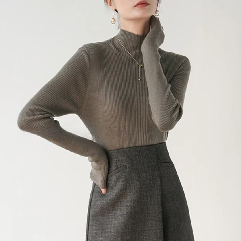 Taupe Full Sleeve Mock Neck Fitted Sweater