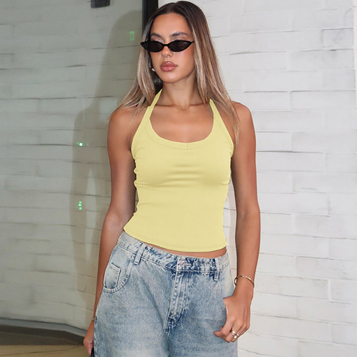 Yellow Halter Neck Ribbed Tank Top