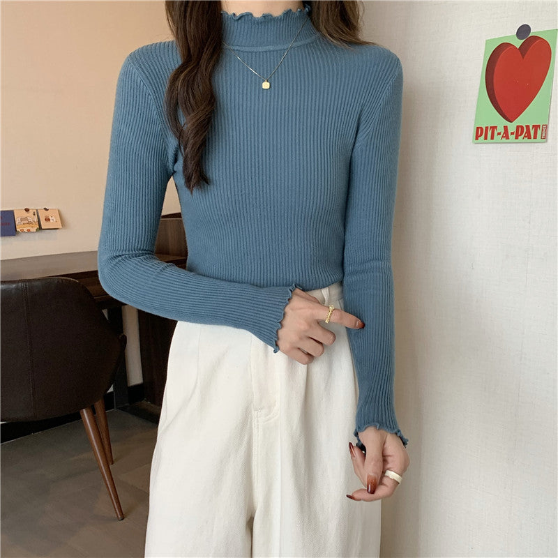 Blue Scalloped Hem High Neck Top