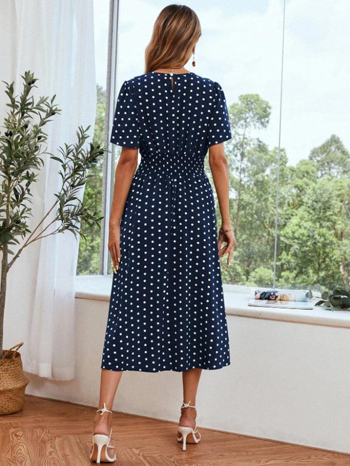 Navy Blue Printed Sinched Waist Dress