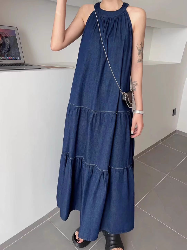 Navy Blue Racer Back Tiered Maxi Dress
