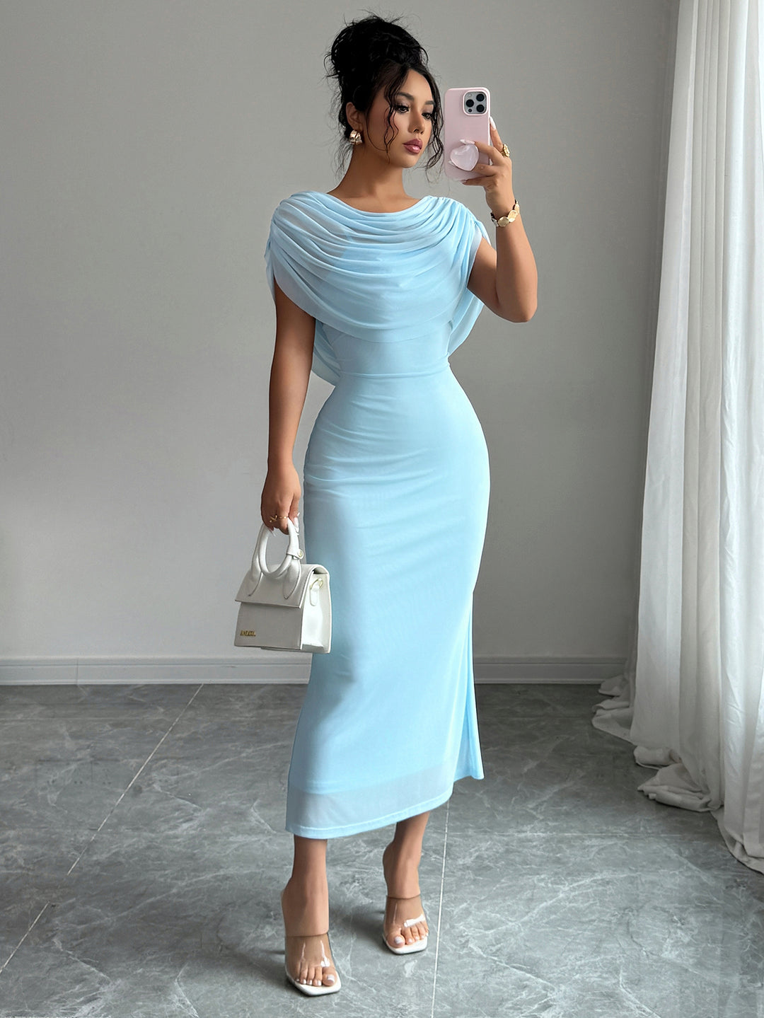 Blue Full Sleeve Cowl Neck Maxi Stress