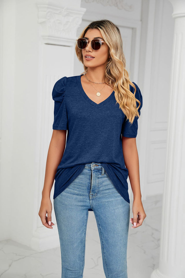 Navy Blue Puff Sleeves V Neck Top