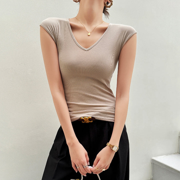 Charcoal V-Neck Cap Sleeves T-Shirt