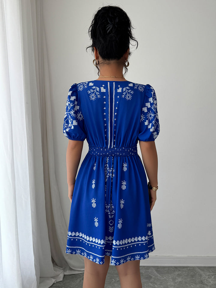 White Printed V-Neck Dress