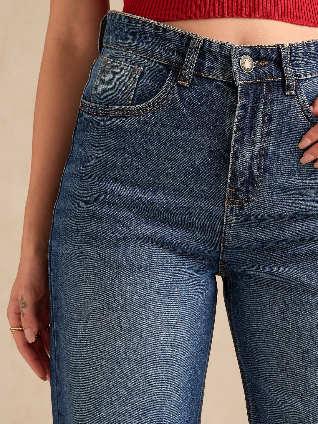 Blue Ribbed Straight Fit Jeans