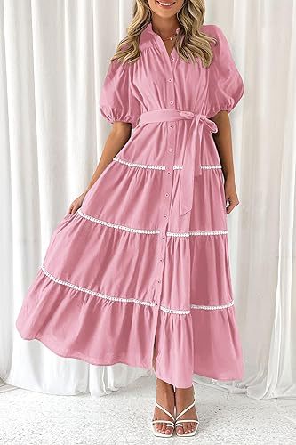 Pink Button Down Puff Sleeved Shirt Dress