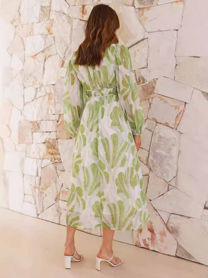 Green Plunge Neck Printed Midi Dress