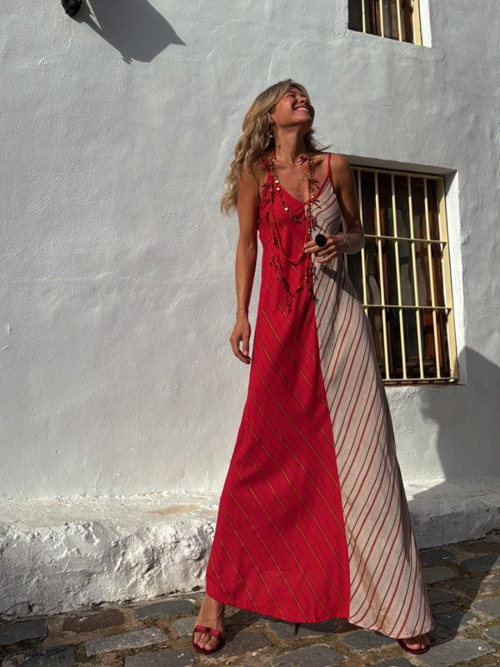 Red Spaghetti Strap Colour Block Dress