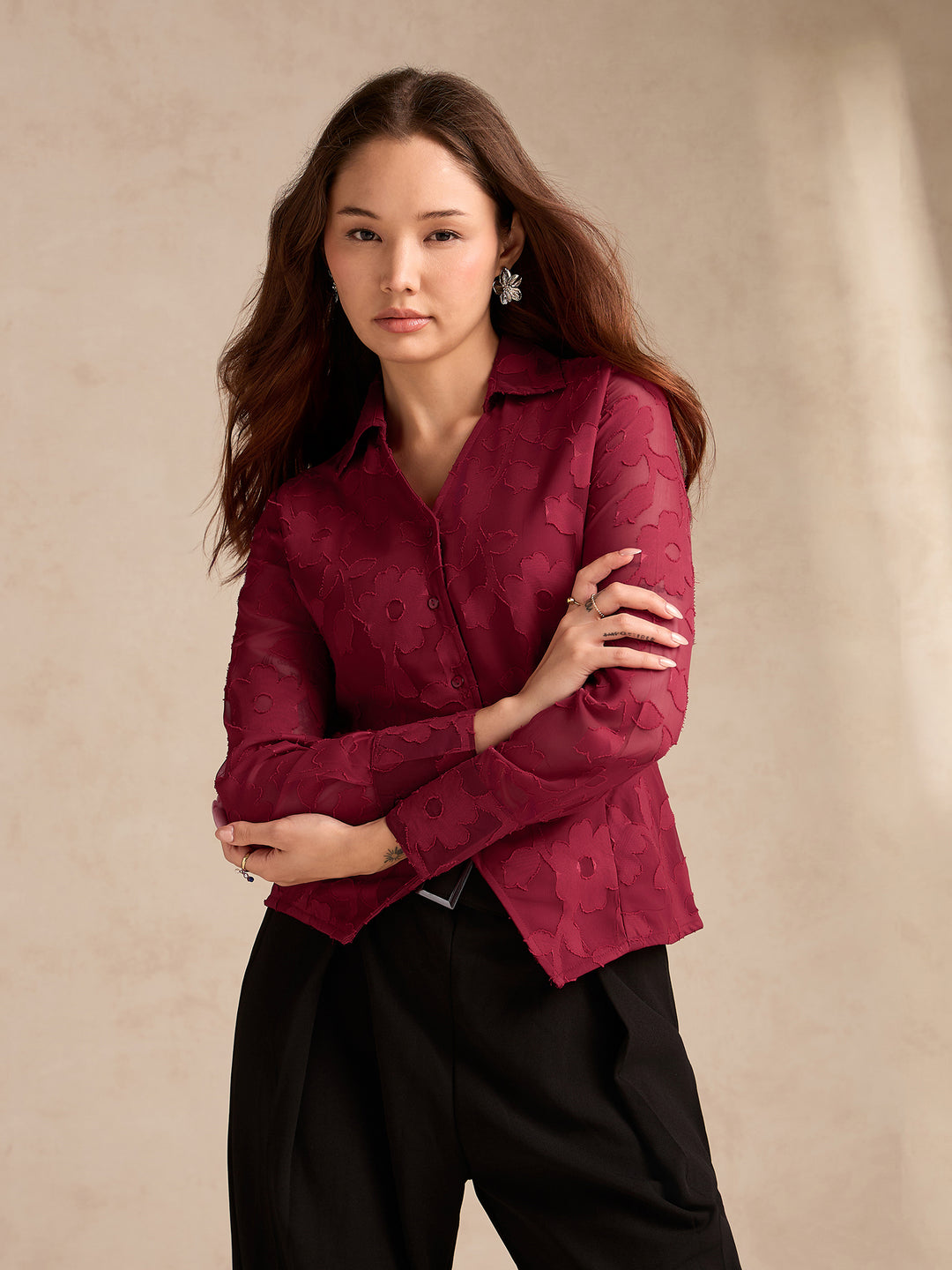 Red Regular Fit Long Sleeves Shirt In Jacquard Fabric