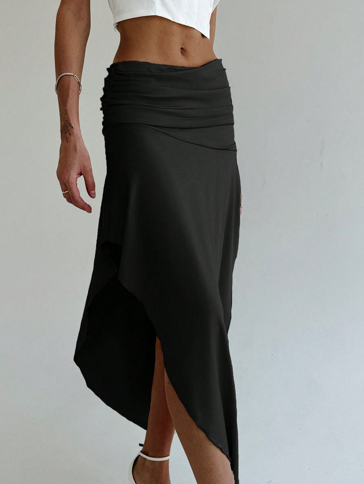 Black Waist Ruched Flared Skirt