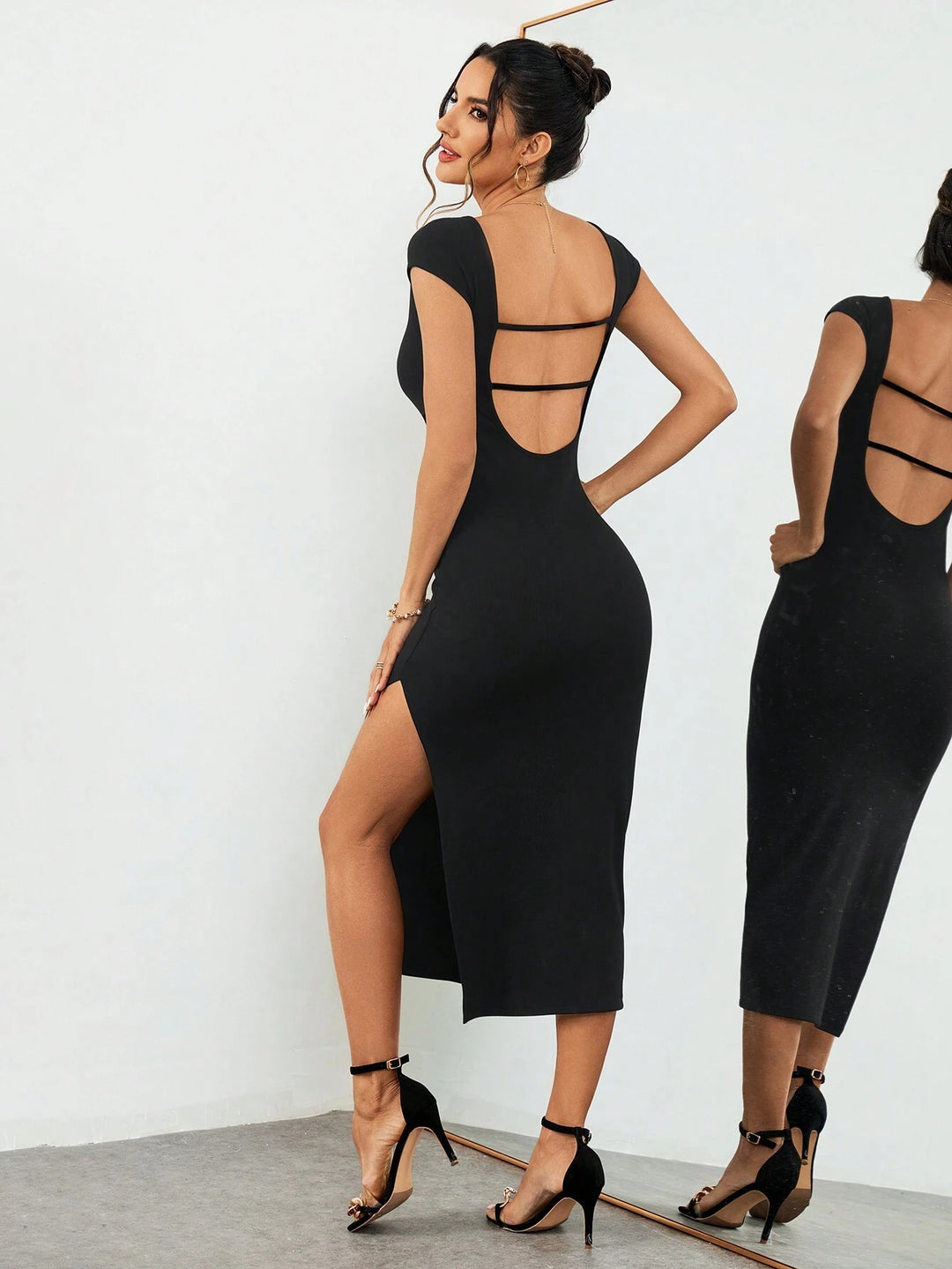 Black Deep Back Solid Slit Dress