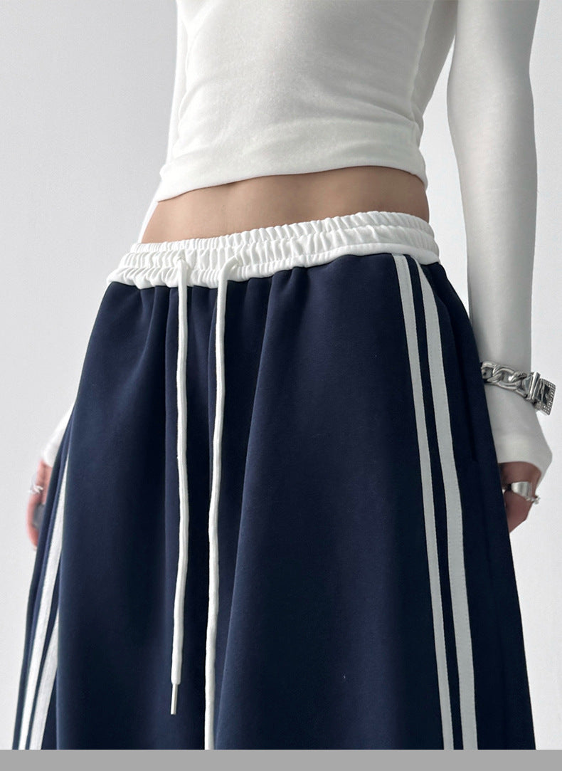 Navy Blue High Waist Contrast Band Baggy Pant