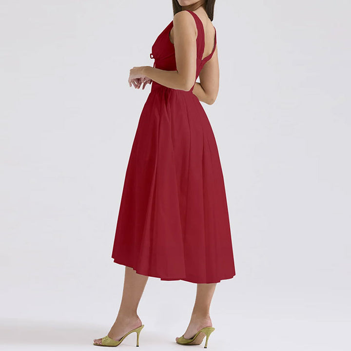 Red V Neck Corset Flared Dress