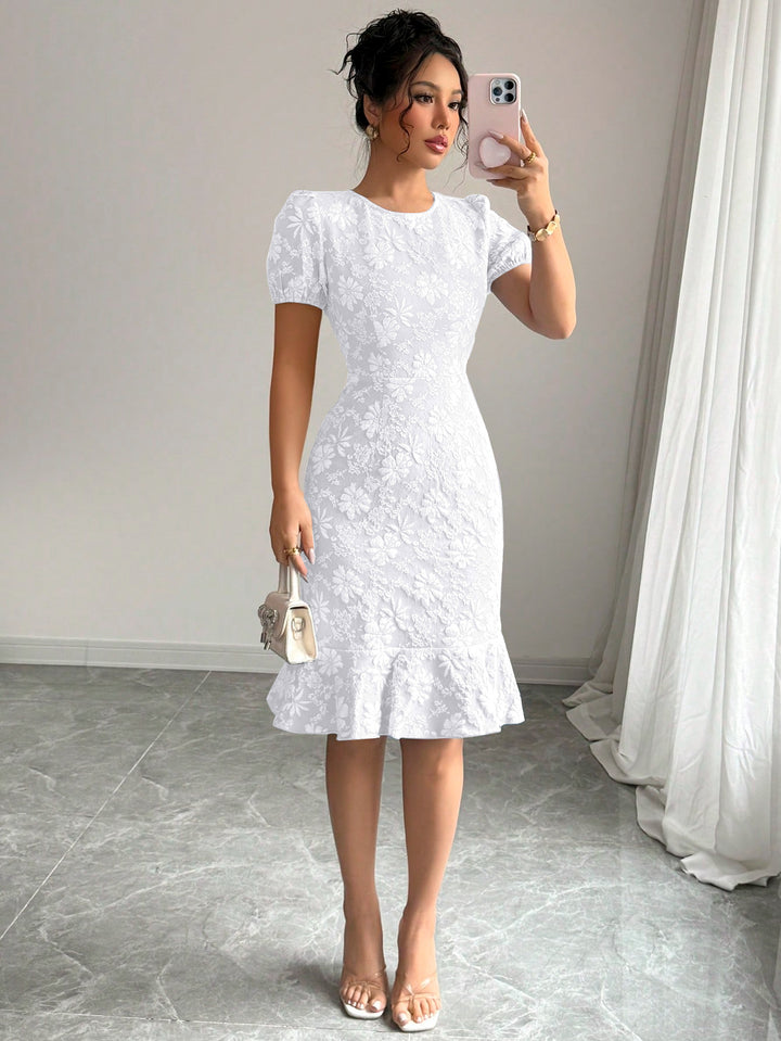 White Short Sleeve Ruffle Hem Dress