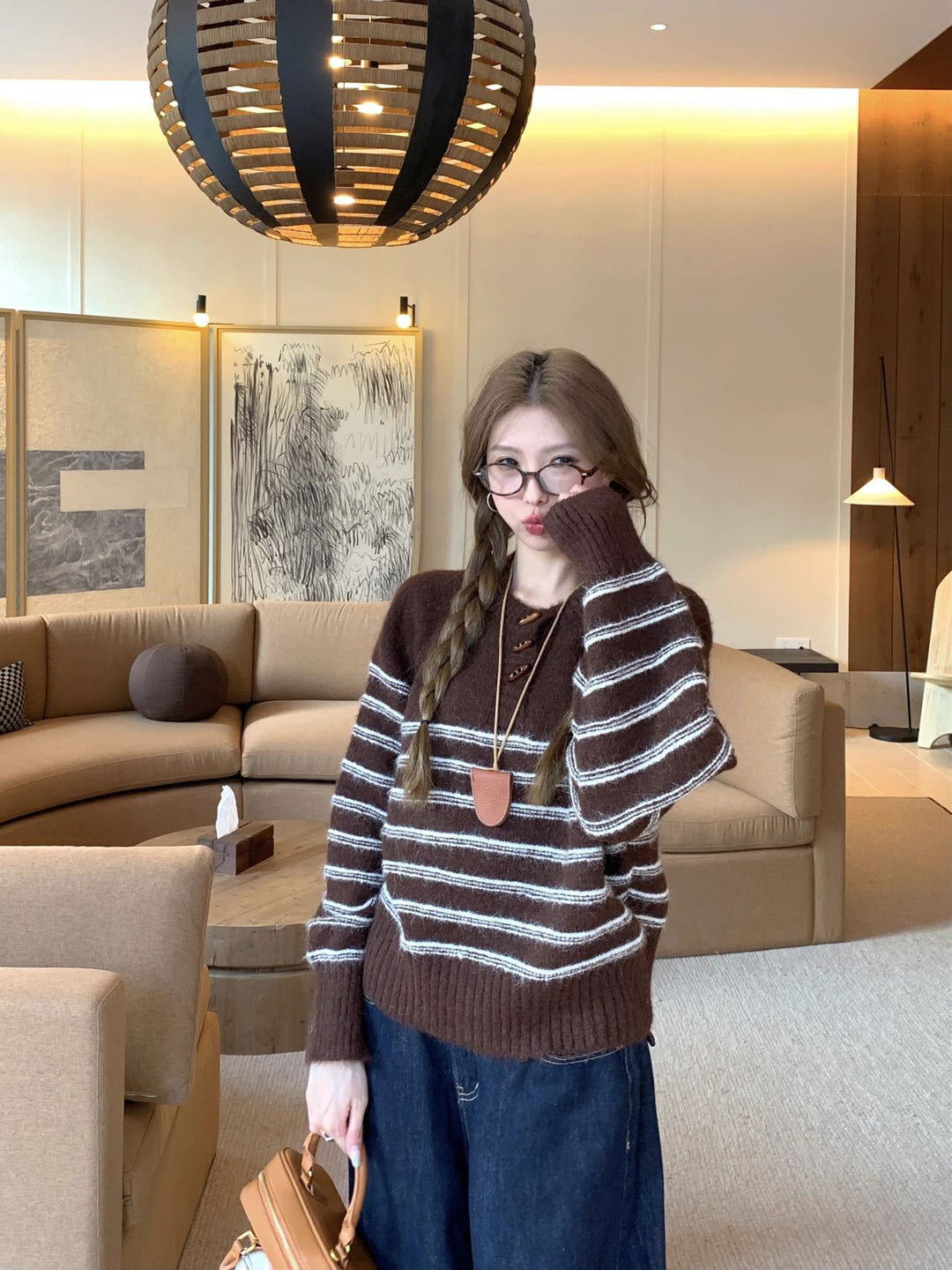 Brown Full Sleeve Striped Sweater