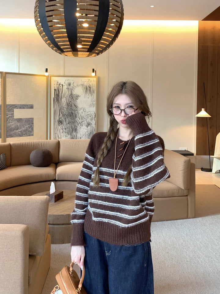 Brown Full Sleeve Striped Sweater