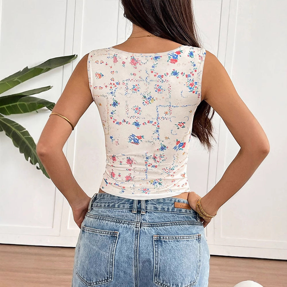 Multi Square Neck Printed Ruched Top