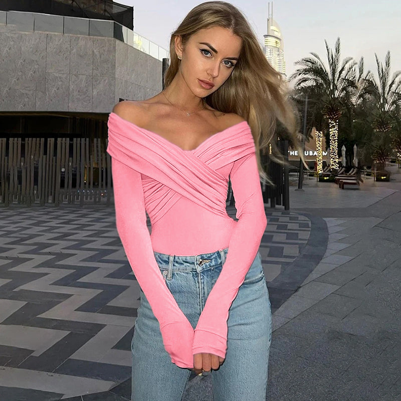 Pink Cross Front Off Shoulder Fitted Top