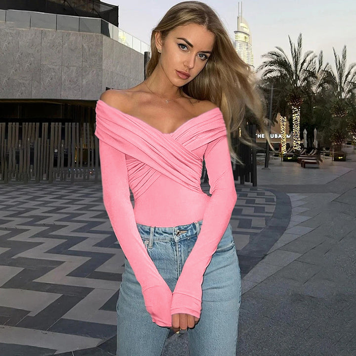 Pink Cross Front Off Shoulder Fitted Top