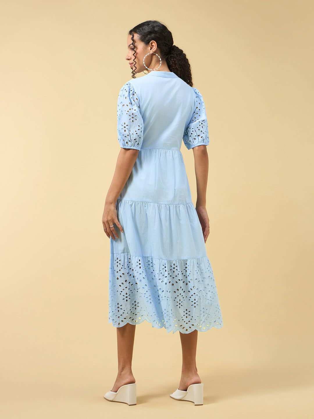 Blue Puff Sleeve Pleated Dress