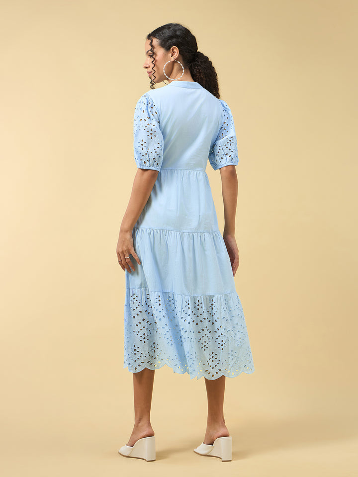 Blue Puff Sleeve Pleated Dress