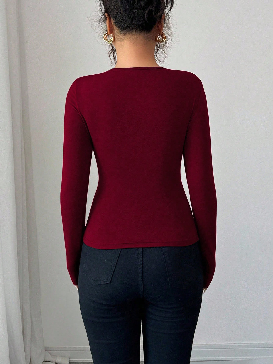 Wine Full Sleeve Front Buckle Top